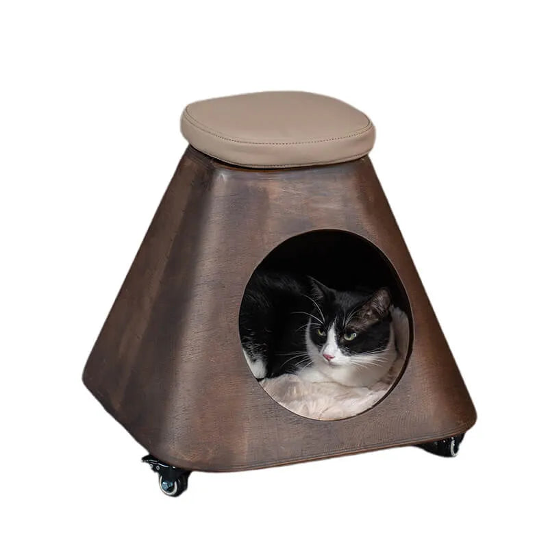 Sculptural Rolling Cat Cube Bed With Padded Top And Cozy Hideaway