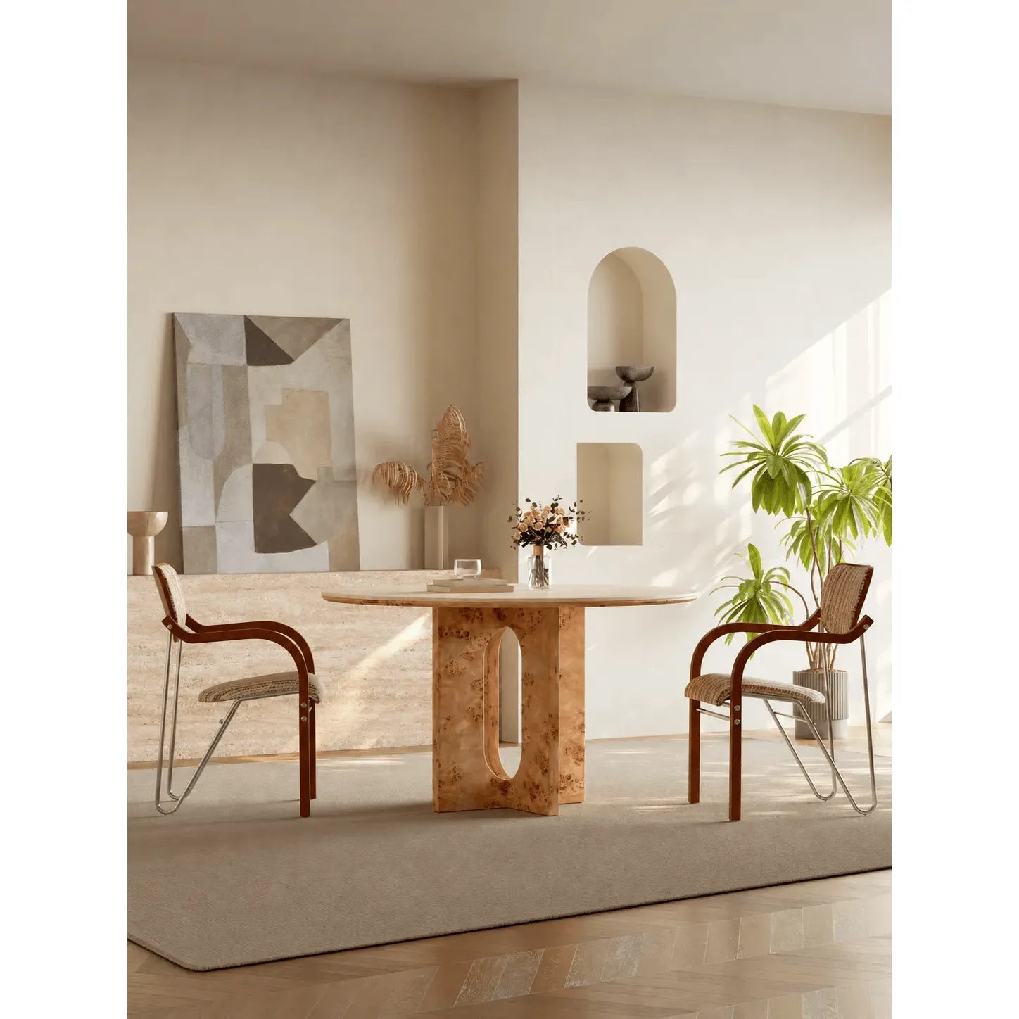 Sculptural Round Burlwood Dining Table with Stone Top and Arched Base Secondary image