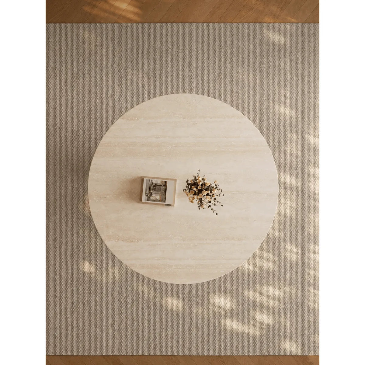 Sculptural Round Burlwood Dining Table with Stone Top and Arched Base