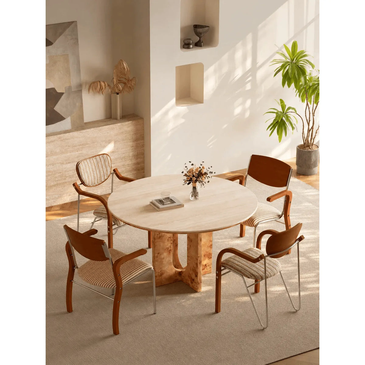 Sculptural Round Burlwood Dining Table with Stone Top and Arched Base