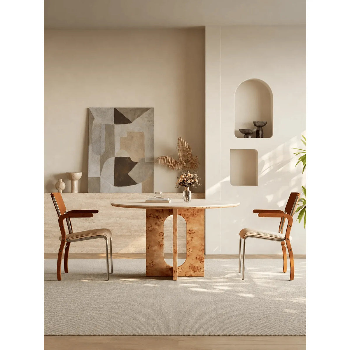 Sculptural Round Burlwood Dining Table with Stone Top and Arched Base Main Product Image Main image