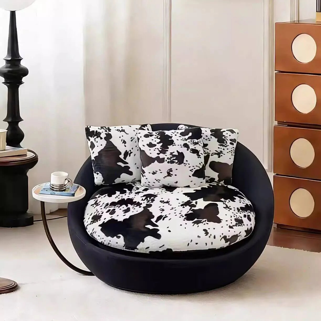 Sculptural Round Sofa Lounge Chair With Side Table, Swivel Chenille Comfort
