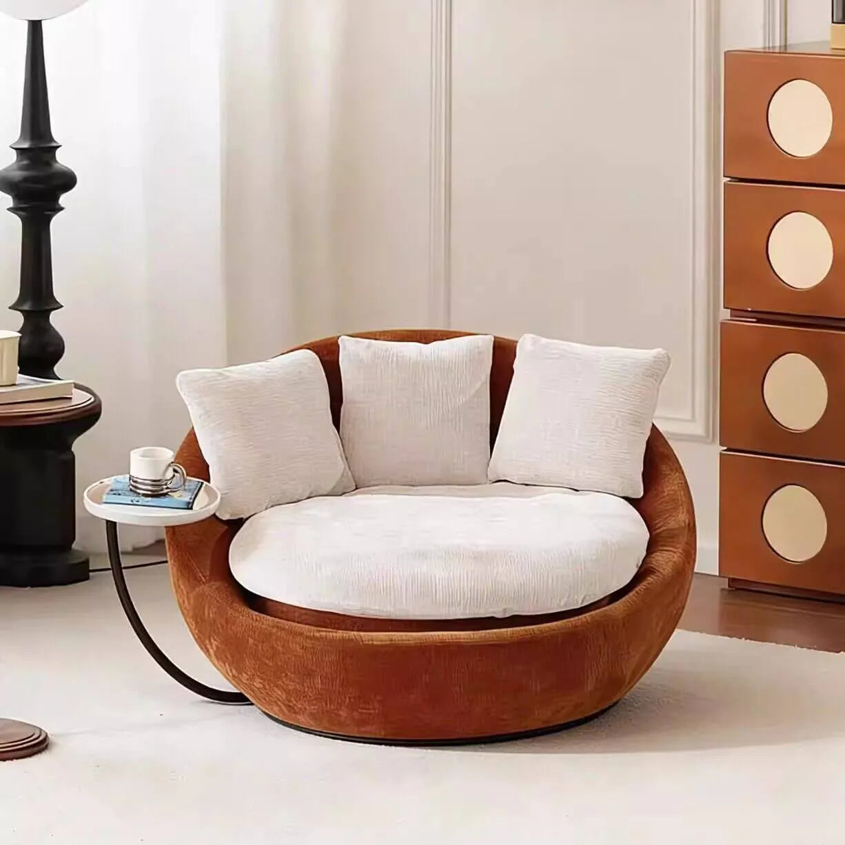 Sculptural Round Sofa Lounge Chair With Side Table, Swivel Chenille Comfort