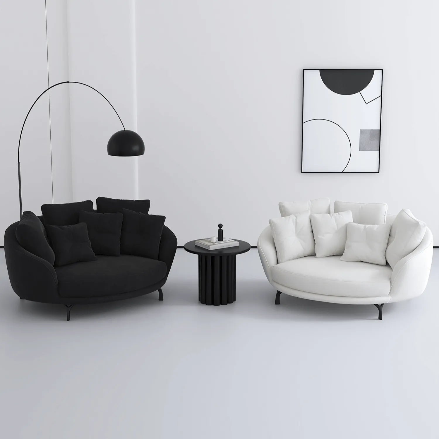 Sculptural Round Sofa with Layered Cushions and Slim Metal Legs