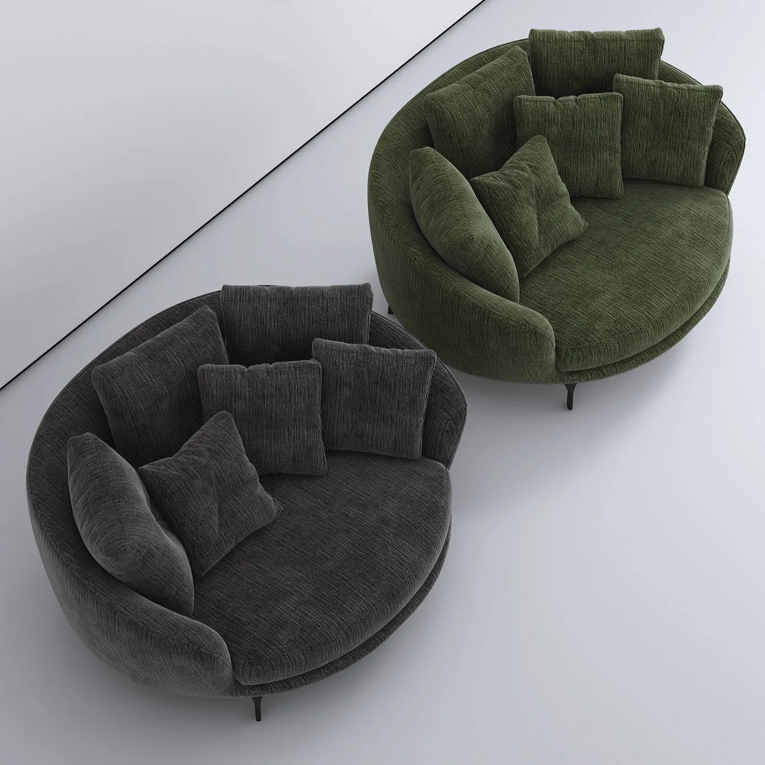 Sculptural Round Sofa with Layered Cushions and Slim Metal Legs