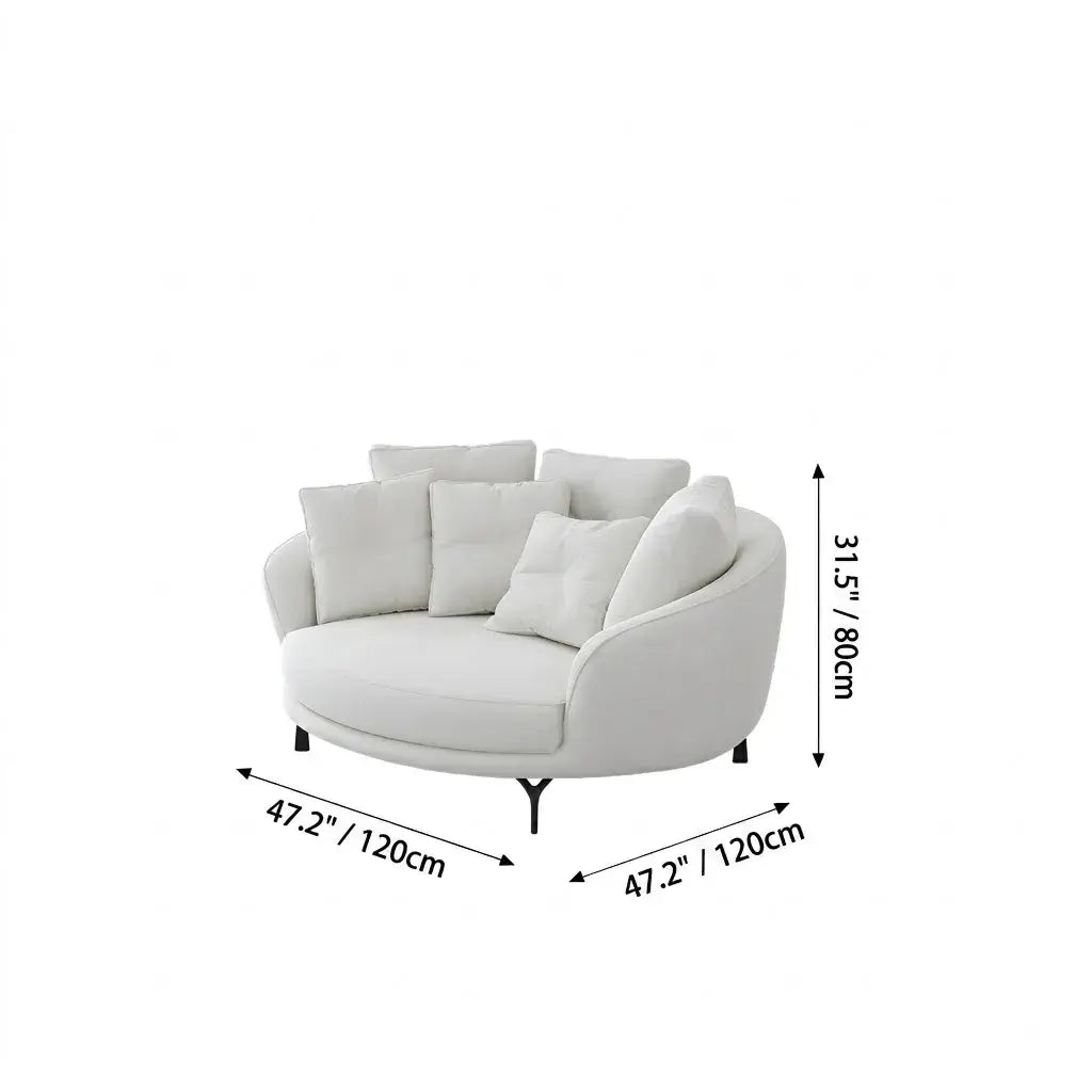 Sculptural Round Sofa with Layered Cushions and Slim Metal Legs Dimensions