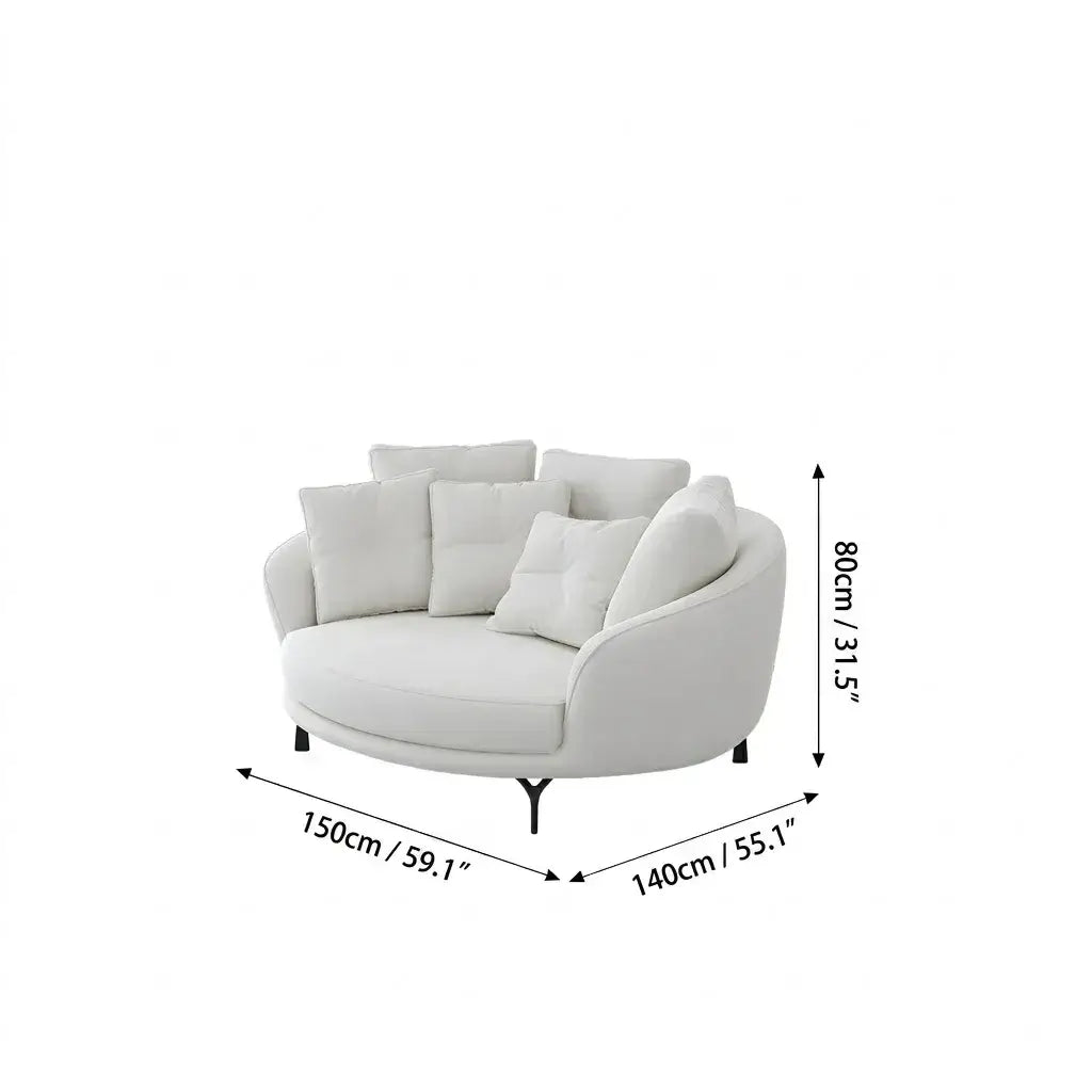 Sculptural Round Sofa with Layered Cushions and Slim Metal Legs Dimensions