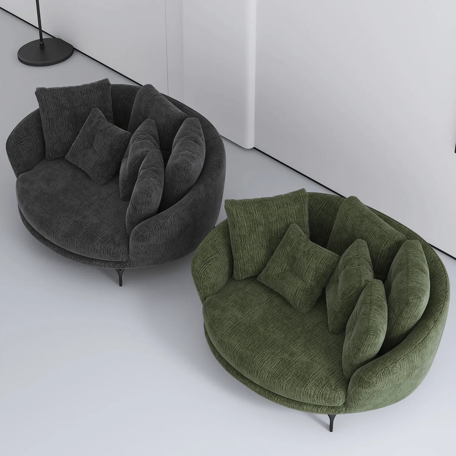 Sculptural Round Sofa with Layered Cushions and Slim Metal Legs Main Product Image Main image