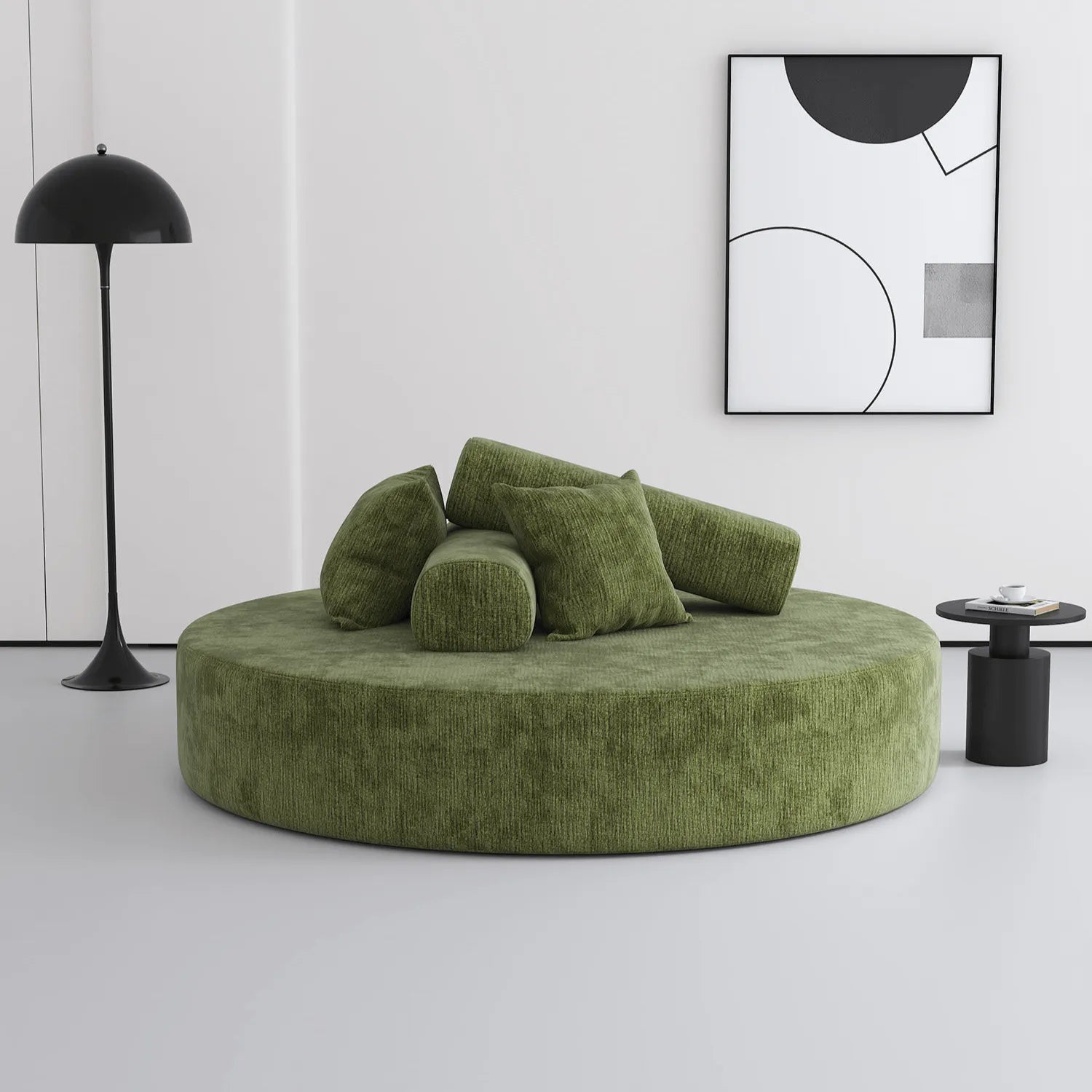 Sculptural Round Sofa With Modular Bolsters in Sherpa or Tech Leather