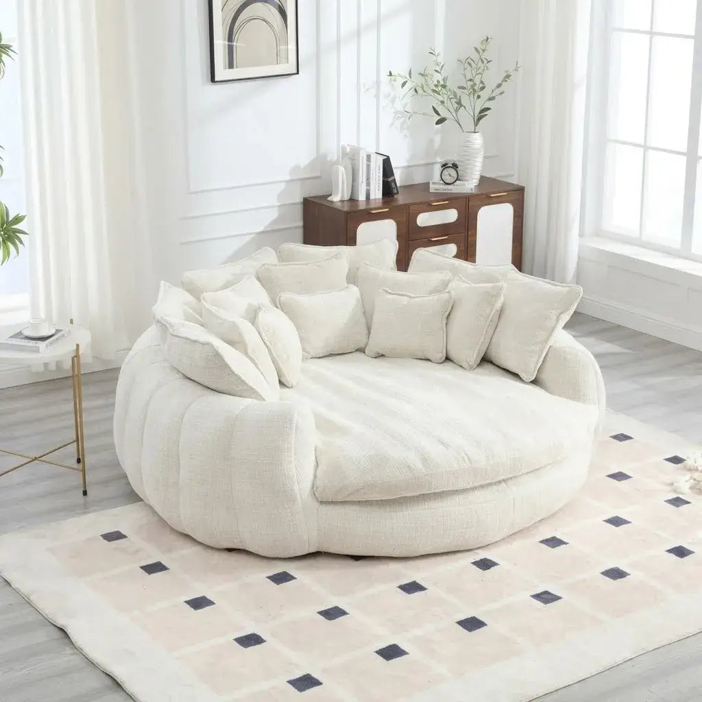 Sculptural Round Sofa With Petal Tufting, Plush Cushions for Lounging