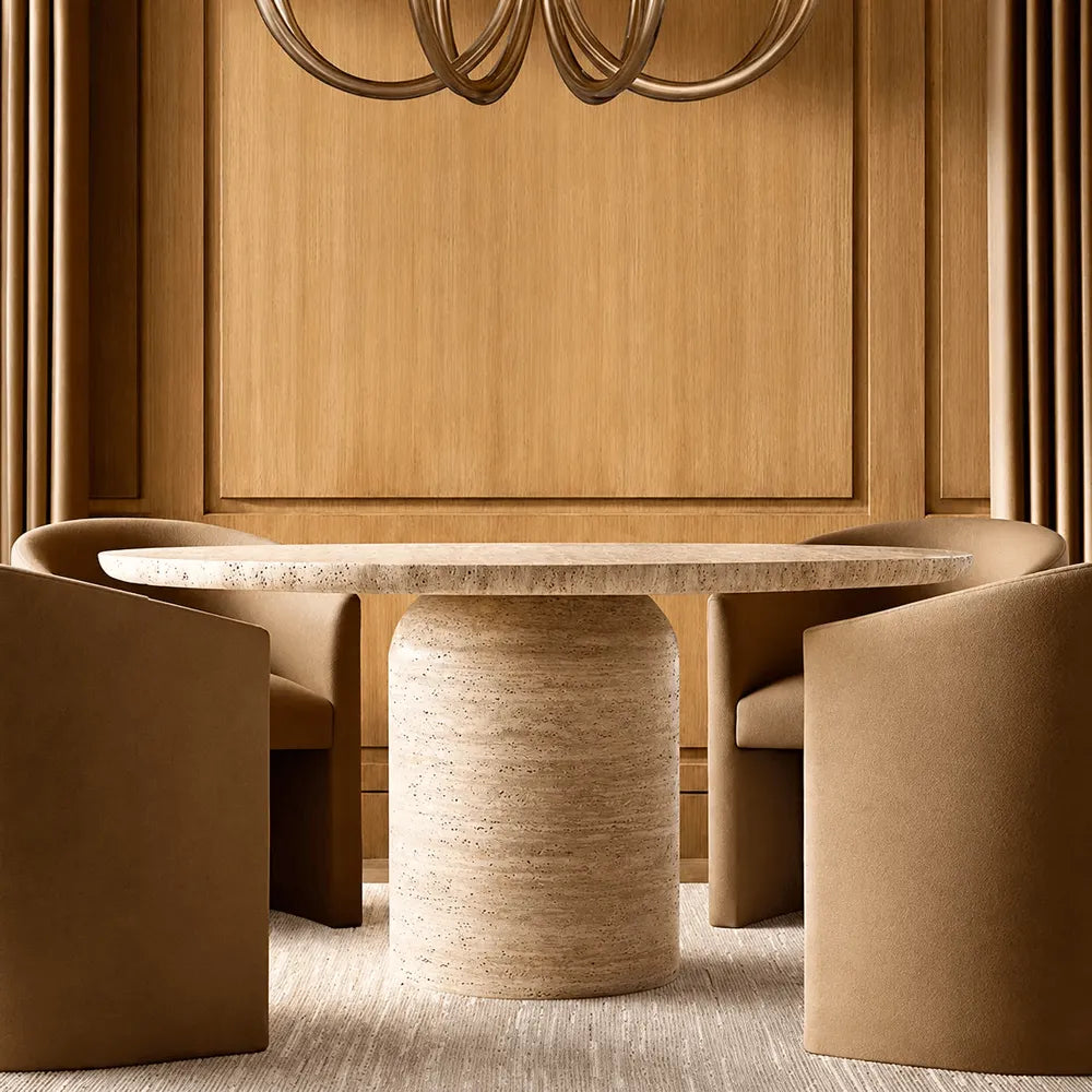 Sculptural Round Travertine Dining Table with Soft Beige Stone Pedestal