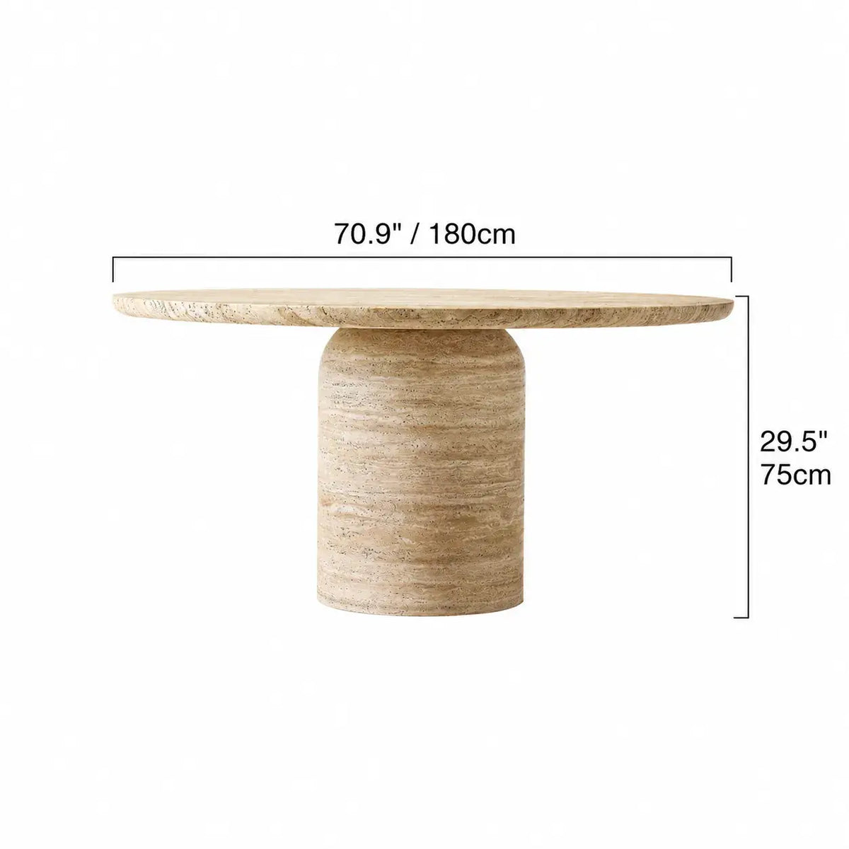Sculptural Round Travertine Dining Table with Soft Beige Stone Pedestal