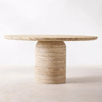 Sculptural Round Travertine Dining Table with Soft Beige Stone Pedestal Main Product Image