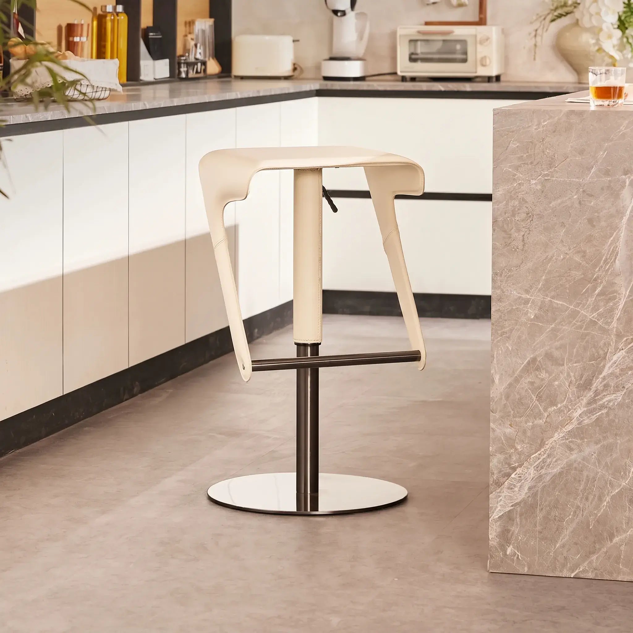 Sculptural Saddle Leather Adjustable Swivel Bar Stool with Stainless Steel Base