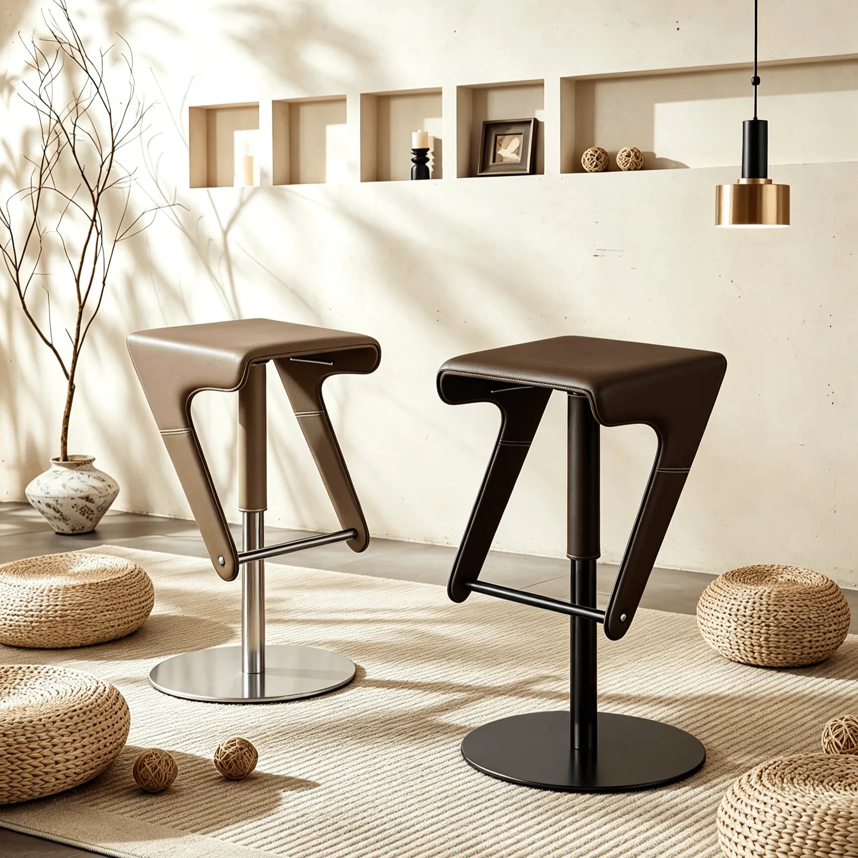 Sculptural Saddle Leather Adjustable Swivel Bar Stool with Stainless Steel Base Main Product Image Image principale du produit
