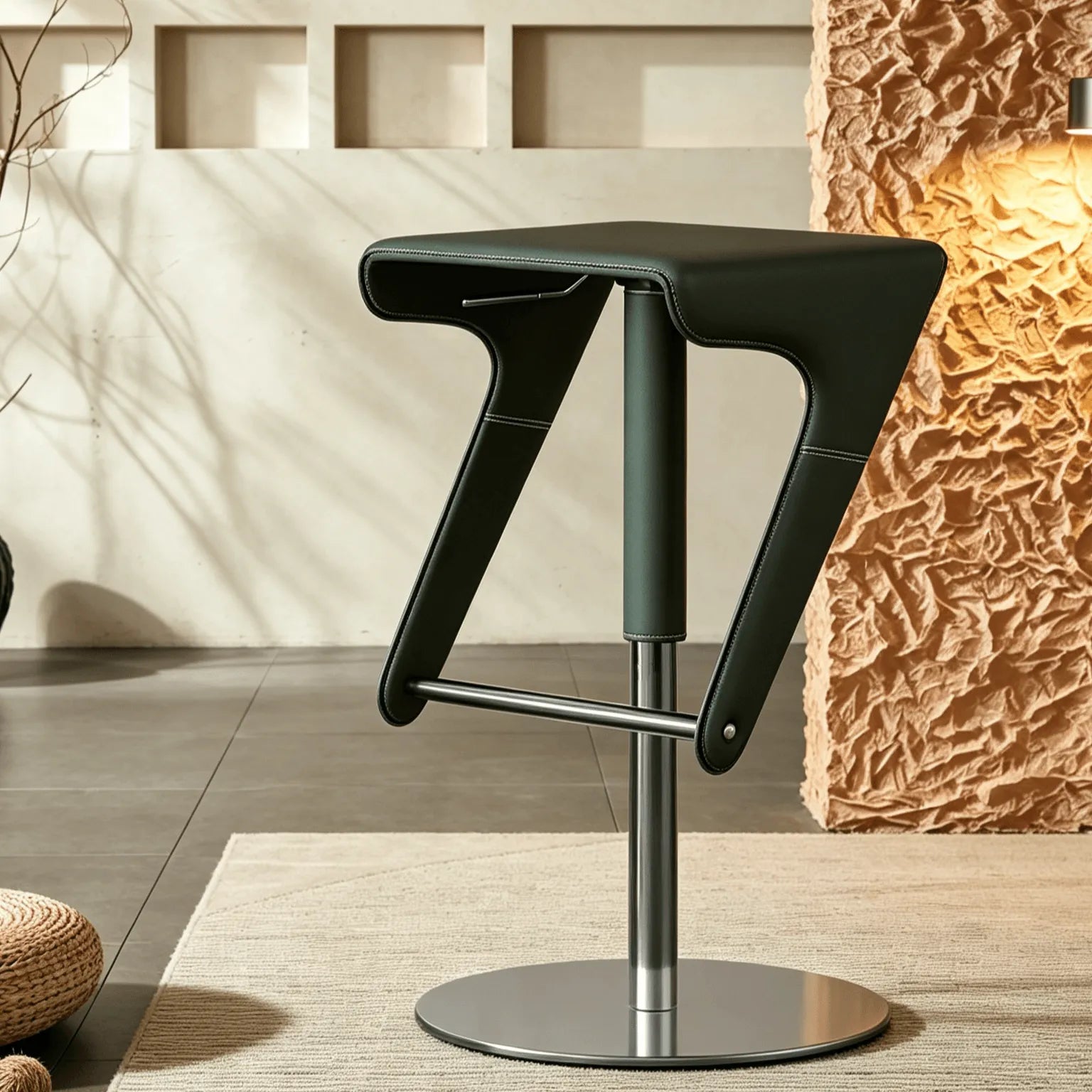 Sculptural Saddle Leather Adjustable Swivel Bar Stool with Stainless Steel Base