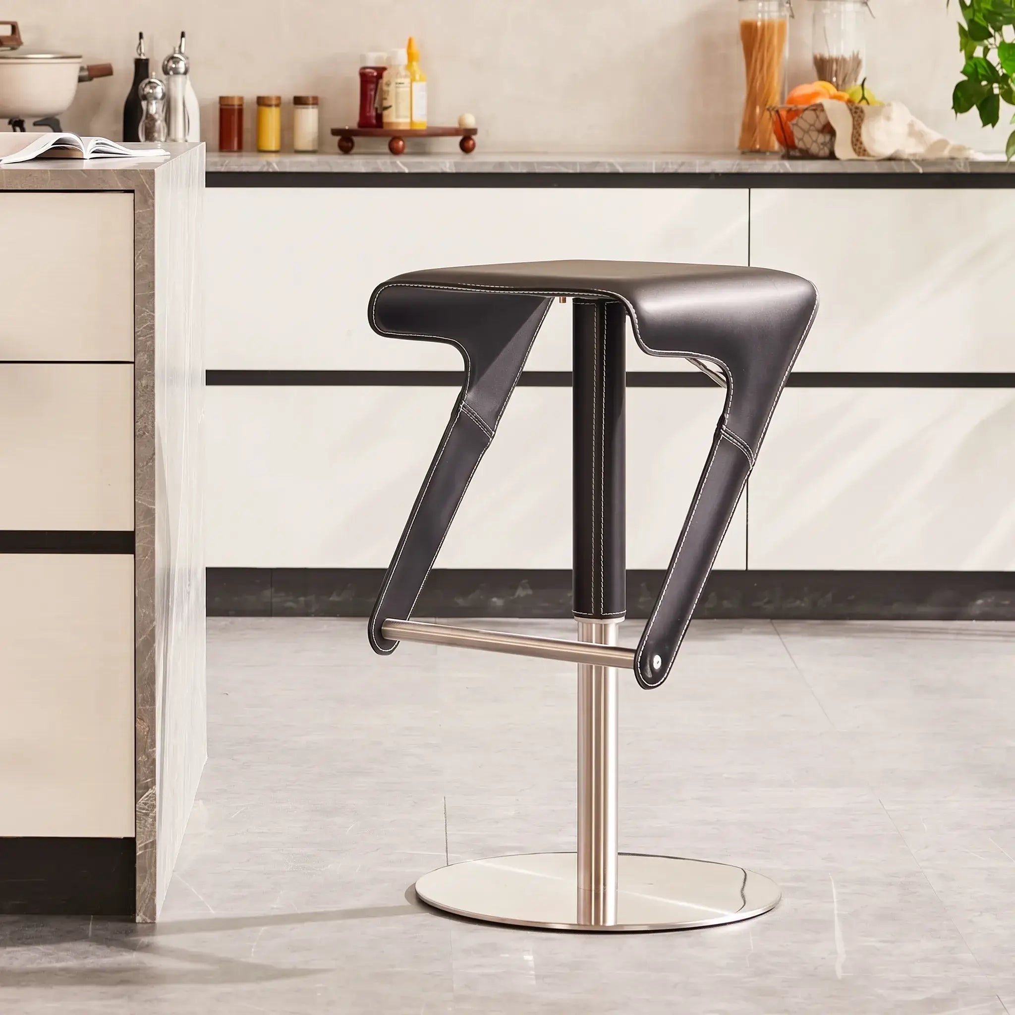 Sculptural Saddle Leather Adjustable Swivel Bar Stool with Stainless Steel Base