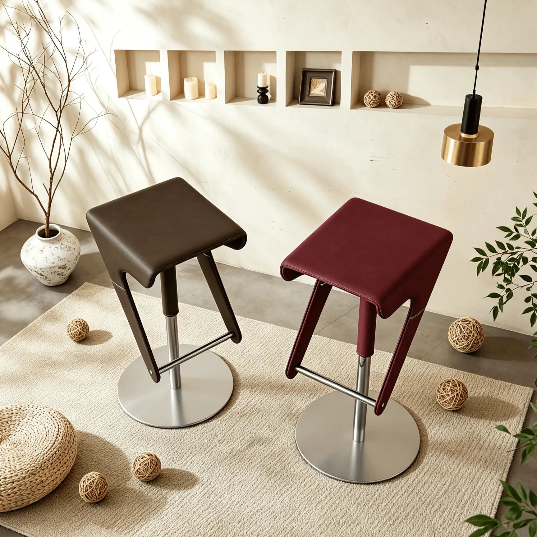 Sculptural Saddle Leather Adjustable Swivel Bar Stool with Stainless Steel Base