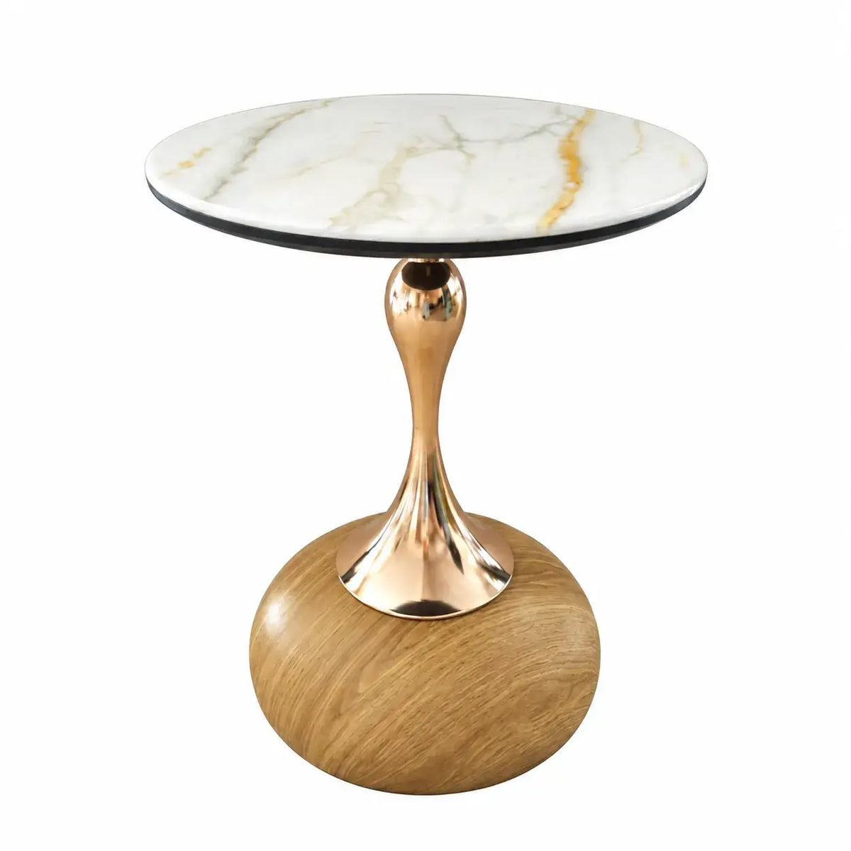 Sculptural Sintered Stone Side Table with Gold Accent and Round Pedestal