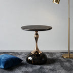 Sculptural Sintered Stone Side Table with Gold Accent and Round Pedestal
