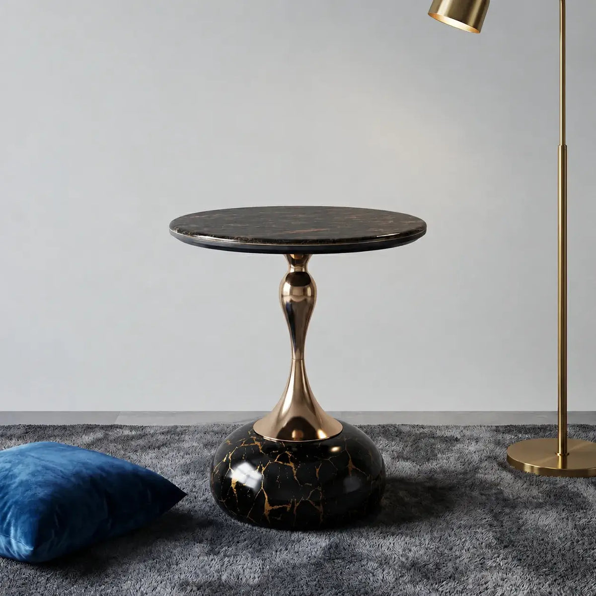 Sculptural Sintered Stone Side Table with Gold Accent and Round Pedestal