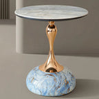 Sculptural Sintered Stone Side Table with Gold Accent and Round Pedestal