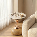 Sculptural Sintered Stone Side Table with Gold Accent and Round Pedestal