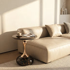 Sculptural Sintered Stone Side Table with Gold Accent and Round Pedestal