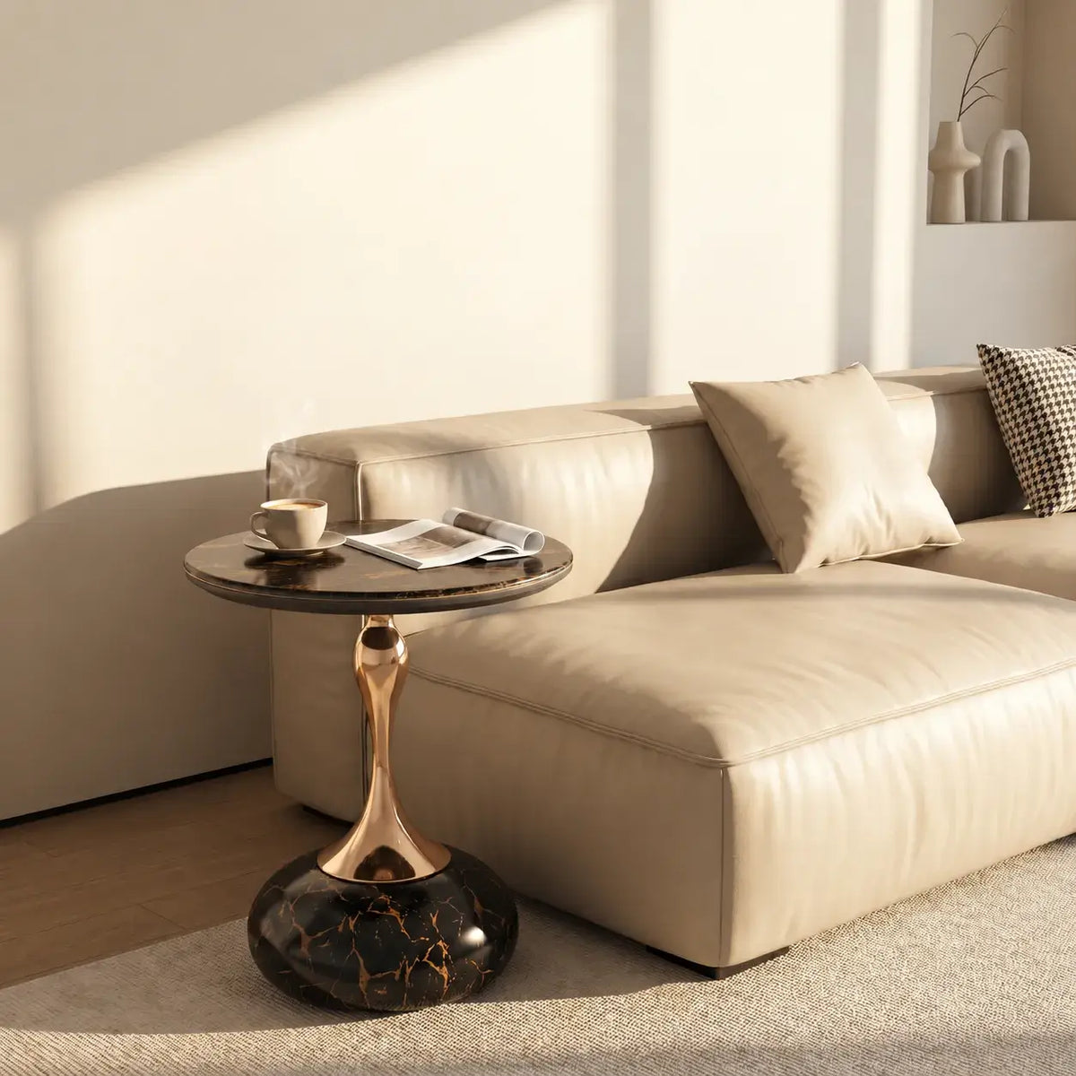 Sculptural Sintered Stone Side Table with Gold Accent and Round Pedestal