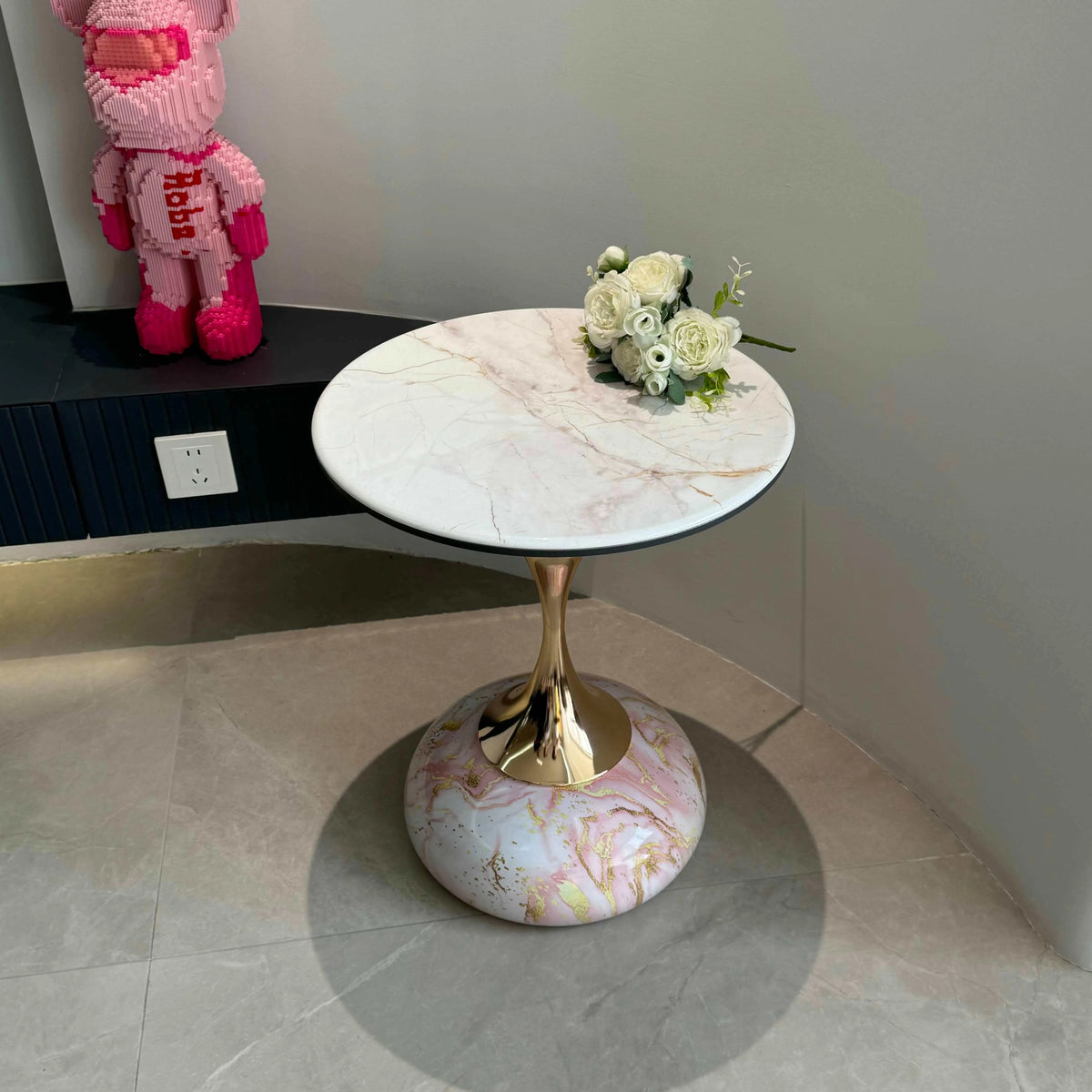 Sculptural Sintered Stone Side Table with Gold Accent and Round Pedestal