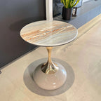 Sculptural Sintered Stone Side Table with Gold Accent and Round Pedestal