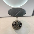 Sculptural Sintered Stone Side Table with Gold Accent and Round Pedestal