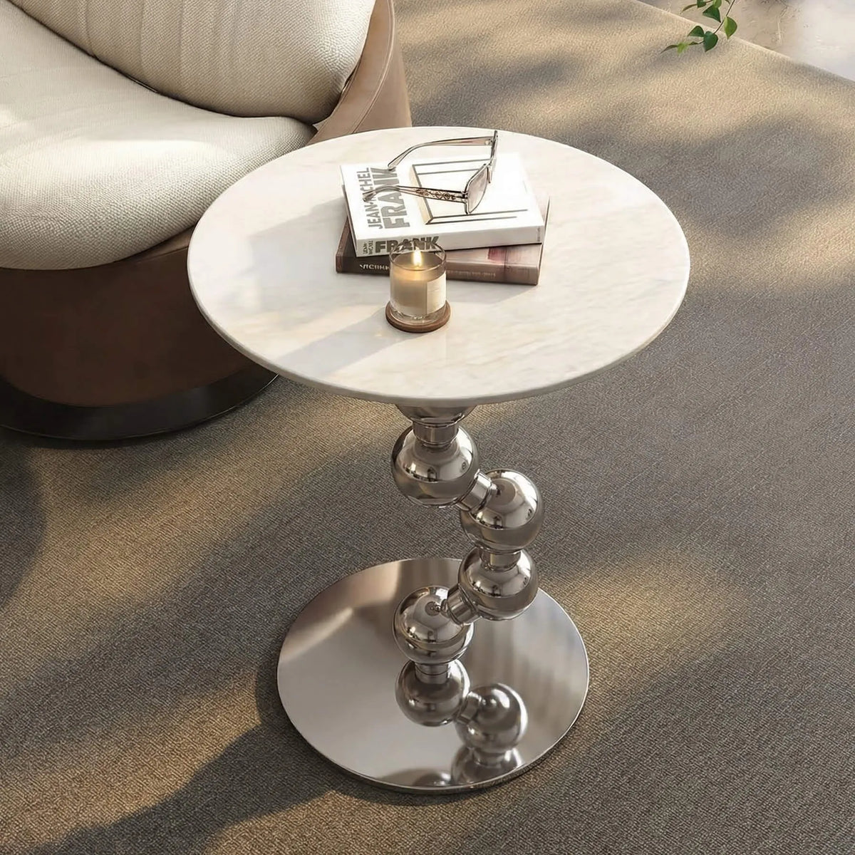 Sculptural Sintered Stone Side Table with Mirrored Metal Base