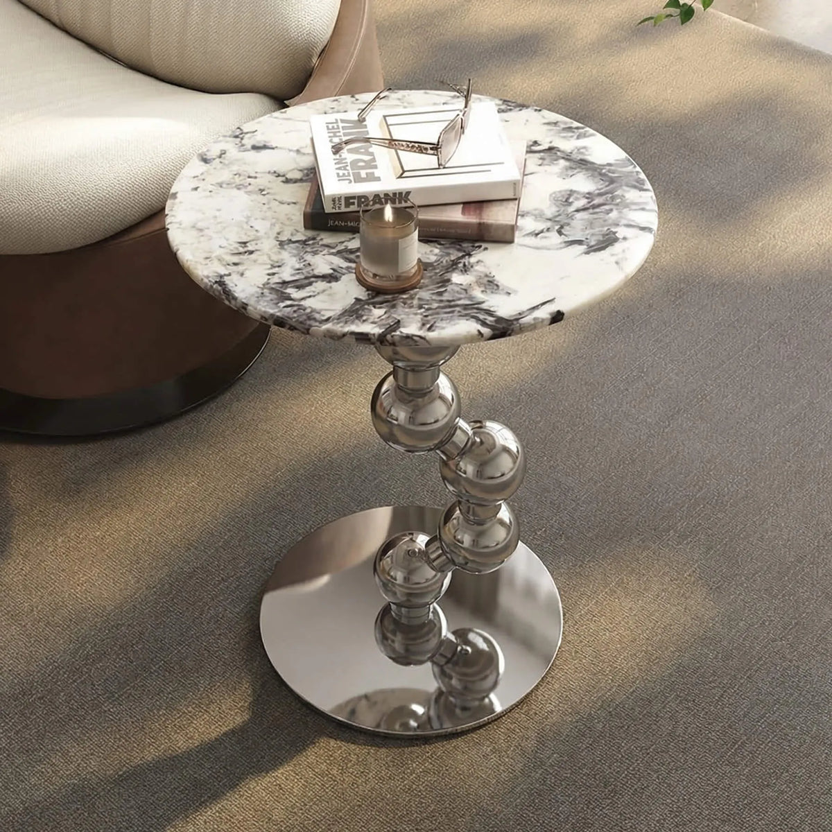 Sculptural Sintered Stone Side Table with Mirrored Metal Base
