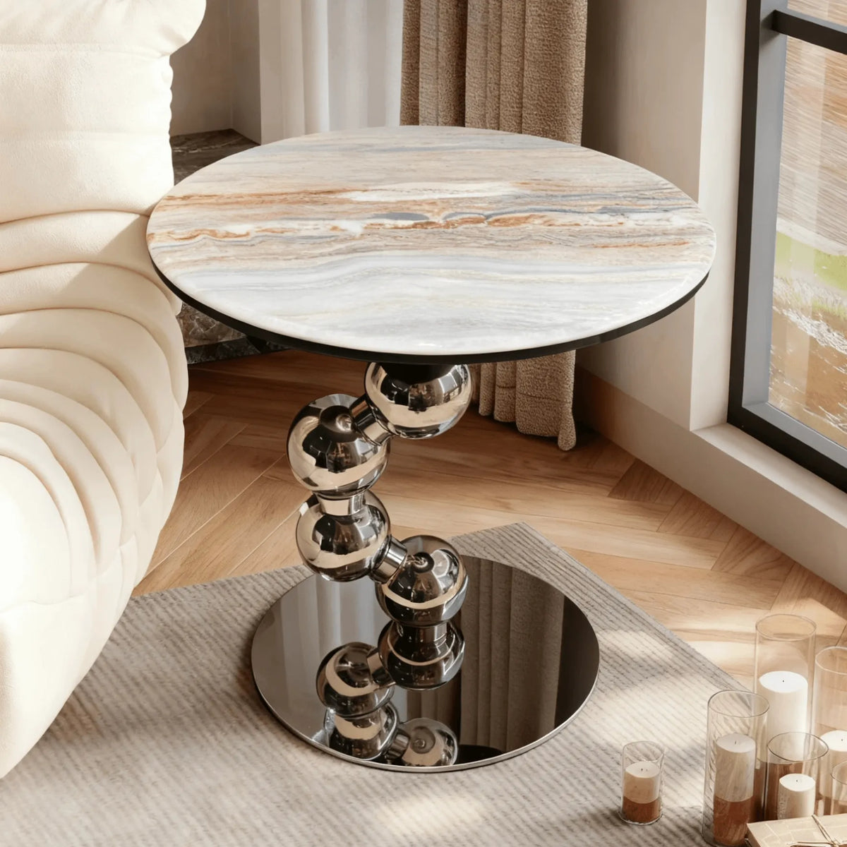 Sculptural Sintered Stone Side Table with Mirrored Metal Base