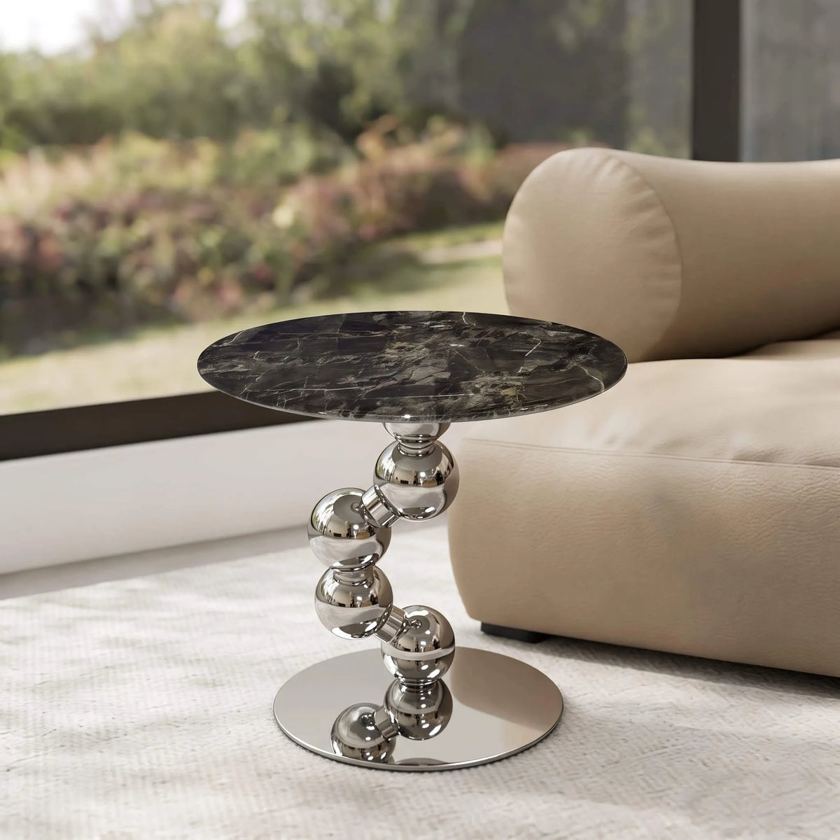 Sculptural Sintered Stone Side Table with Mirrored Metal Base