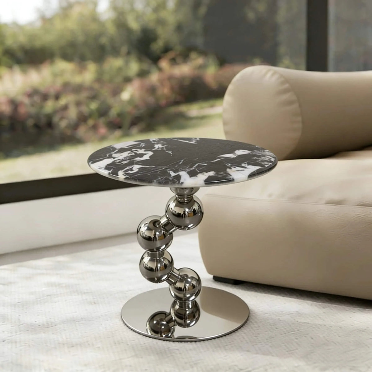 Sculptural Sintered Stone Side Table with Mirrored Metal Base