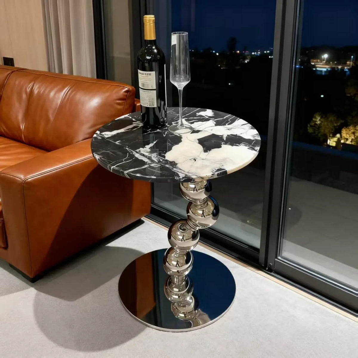 Sculptural Sintered Stone Side Table with Mirrored Metal Base