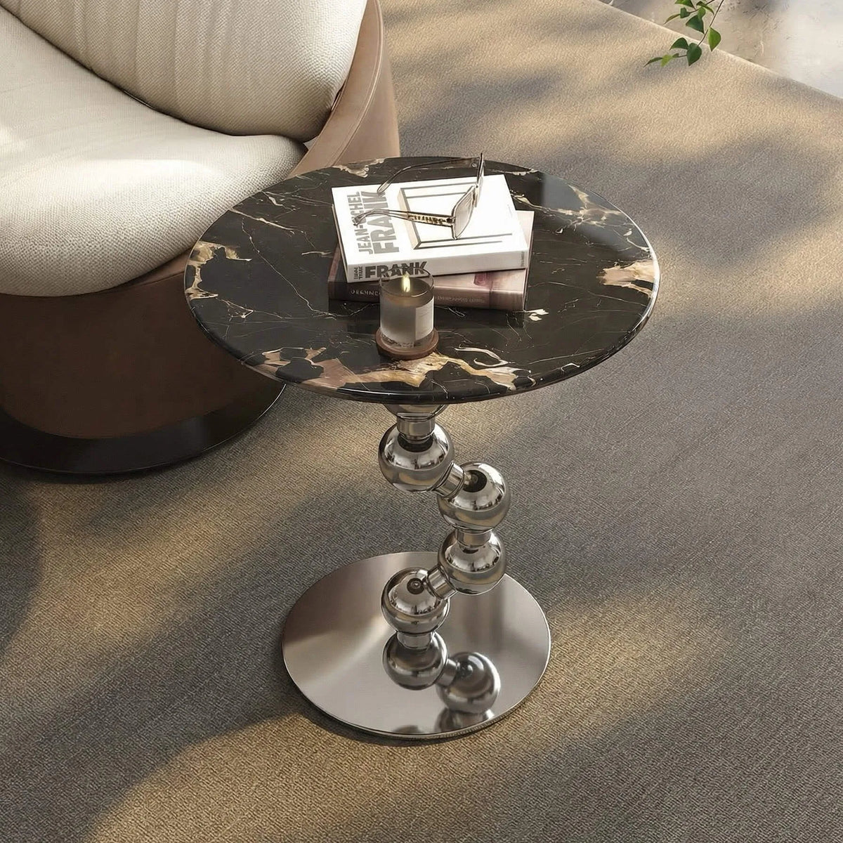 Sculptural Sintered Stone Side Table with Mirrored Metal Base