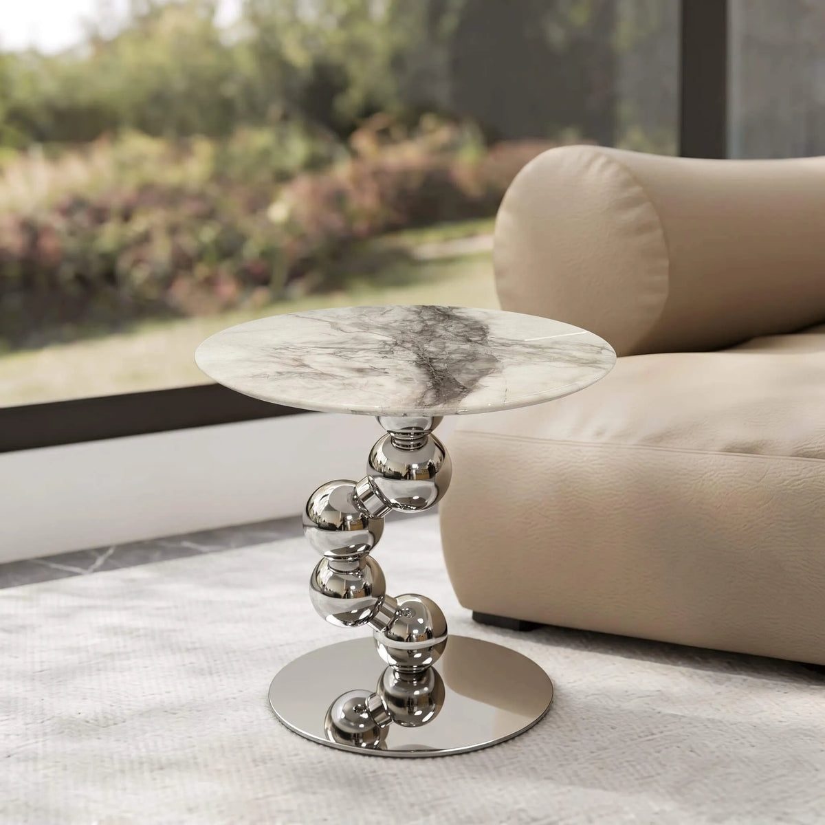 Sculptural Sintered Stone Side Table with Mirrored Metal Base