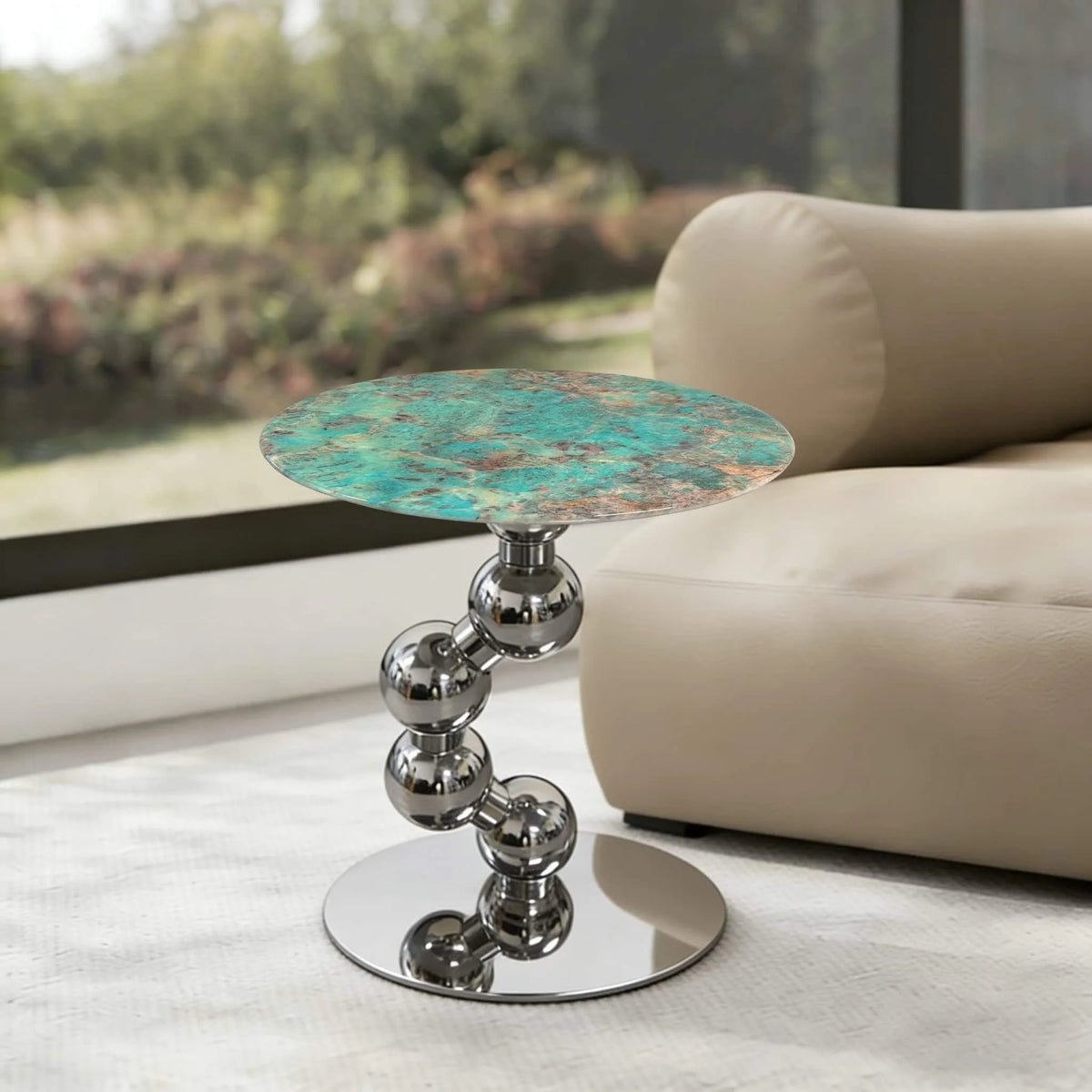 Sculptural Sintered Stone Side Table with Mirrored Metal Base