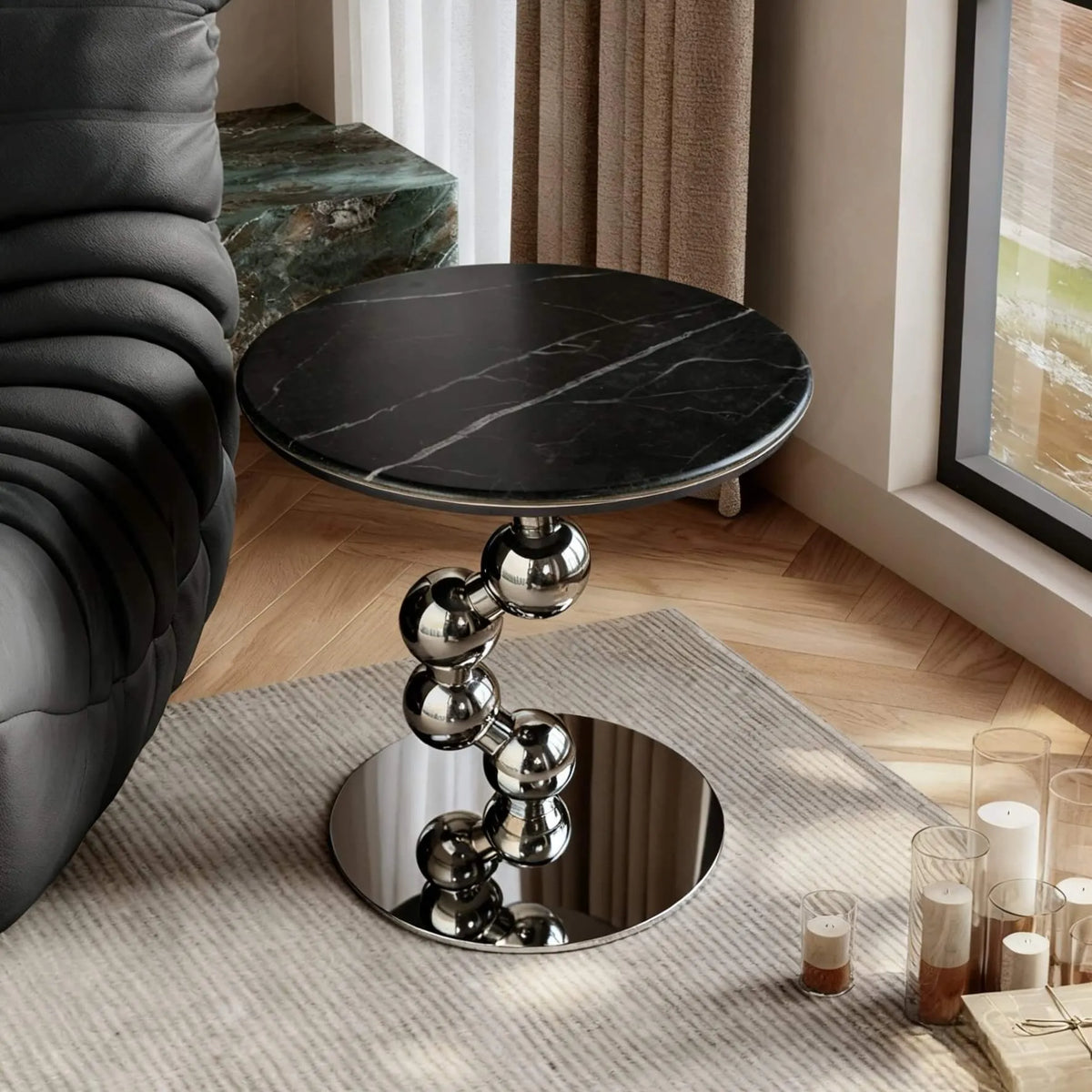 Sculptural Sintered Stone Side Table with Mirrored Metal Base Main Product Image