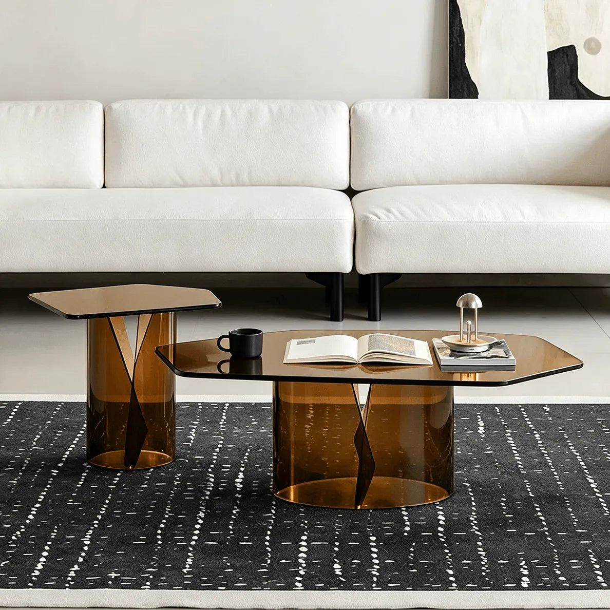 Sculptural Smoked Glass Coffee Table Set with Nesting Heights Main Product Image Main image