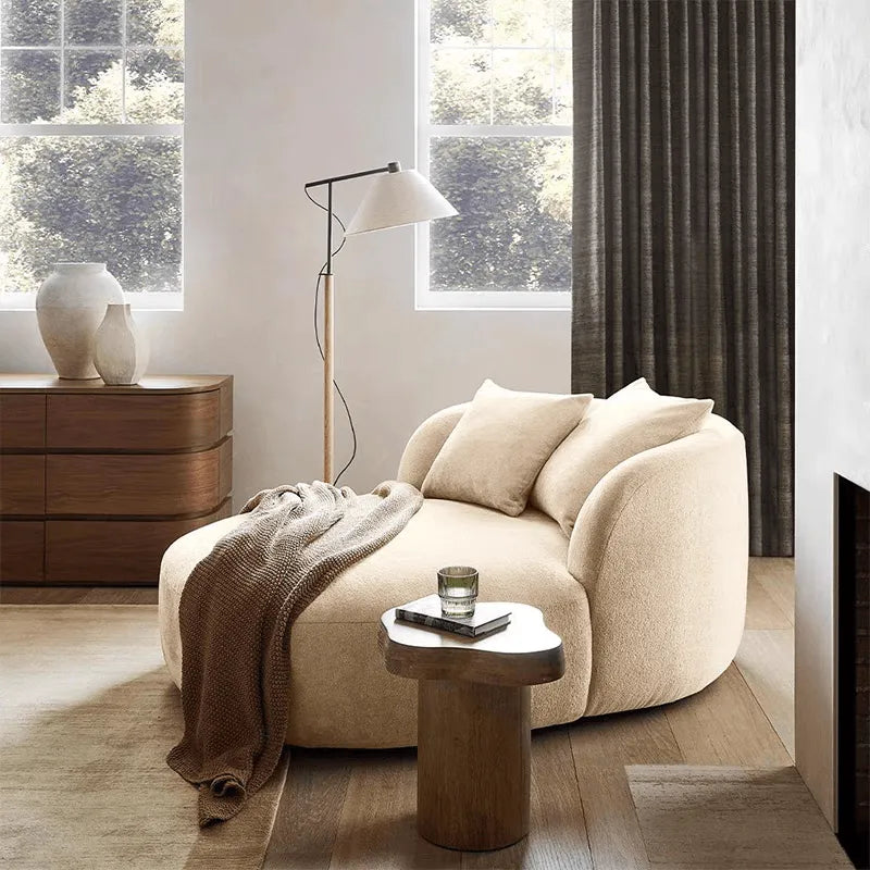 Sculptural Sogno Chaise Lounge in Plush Fleece, Curved Low-Profile Accent Seat