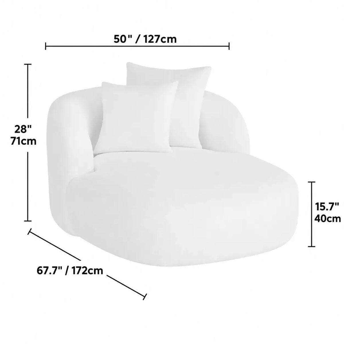 Sculptural Sogno Chaise Lounge in Plush Fleece, Curved Low-Profile Accent Seat Dimensions