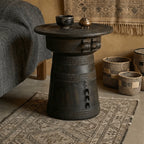 Sculptural Solid Wood Drum Side Table with Carved Vintage Detail