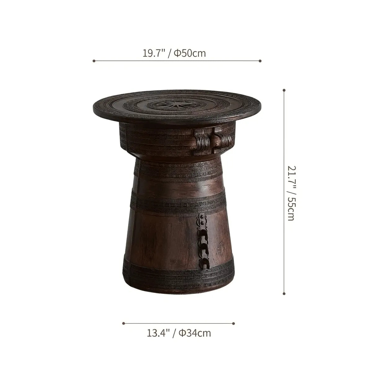Sculptural Solid Wood Drum Side Table with Carved Vintage Detail