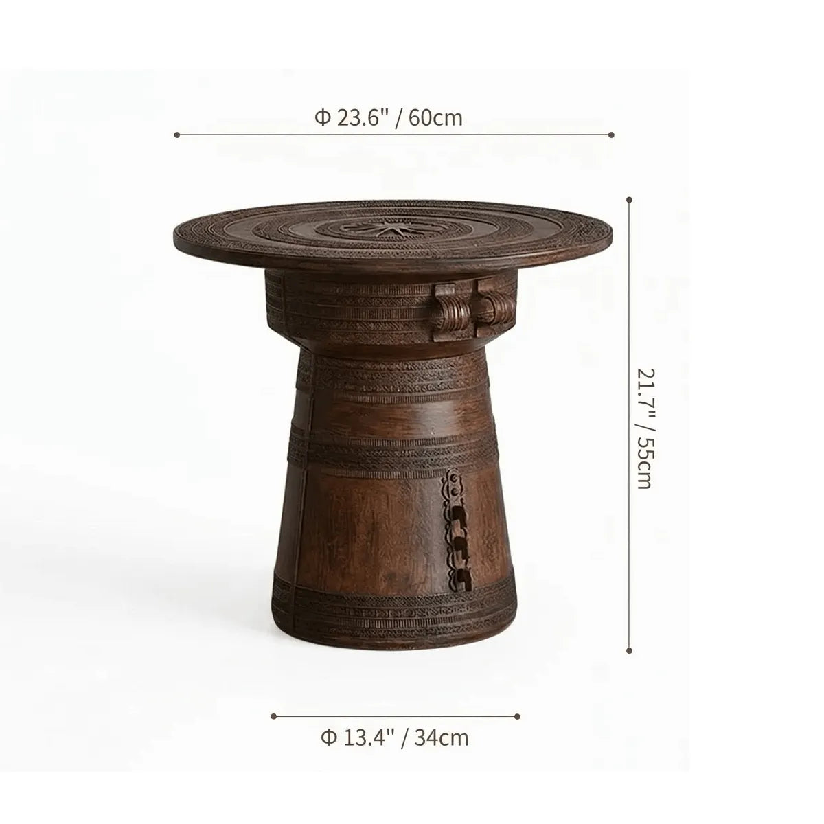 Sculptural Solid Wood Drum Side Table with Carved Vintage Detail