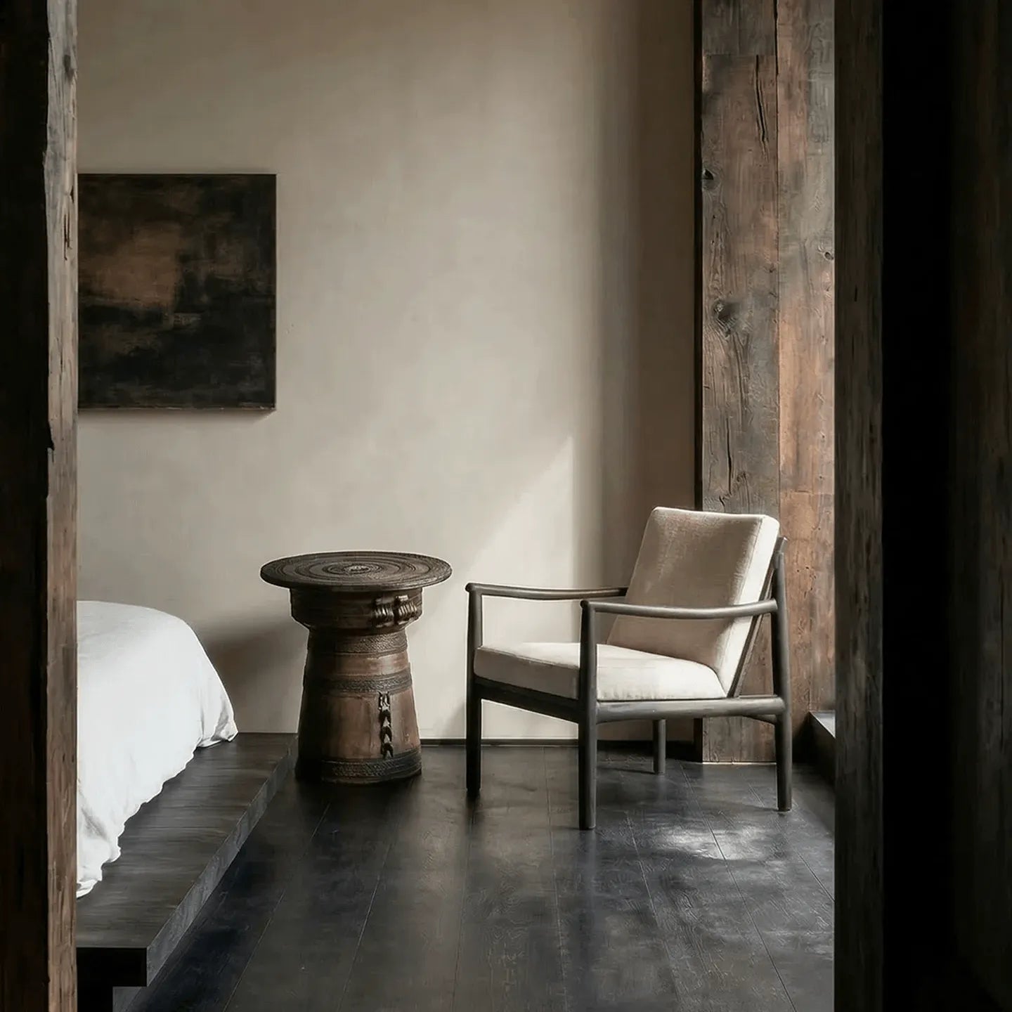Sculptural Solid Wood Drum Side Table with Carved Vintage Detail