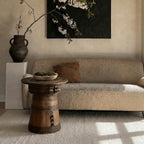 Sculptural Solid Wood Drum Side Table with Carved Vintage Detail